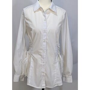 Saks Fifth Avenue White Lace Up Shirt Button Front Stretch Cotton Top Size‎ S